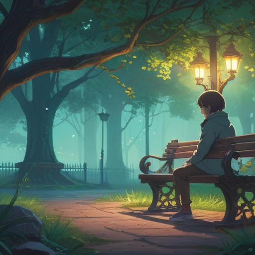 A mystical and introspective scene, soft ethereal light, a lone figure sitting on a bench in an empty park, surrounded by faint glowing orbs, whispering trees, symbolic butterflies fluttering nearby, a distant silhouette of friends laughing in the background, serene yet melancholic atmosphere, deep emotional connection, 4k