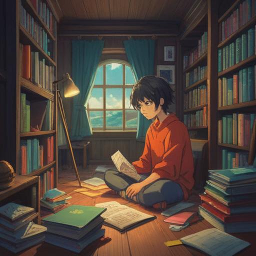 A serene scene depicting an individual sitting alone in a peaceful room, surrounded by open books and notepads, deep in thought, soft sunlight filtering through a window, a sense of calm and introspection, organized thoughts visualized as floating light orbs, cozy atmosphere, vibrant colors, encouraging reflection, 4k