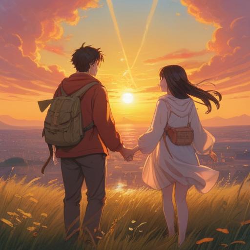 A serene and uplifting scene depicting friends parting ways, a warm sunset casting golden light, ethereal symbols of spiritual guidance in the air, a sense of hope and transformation, gentle expressions on faces, nature surrounding them, butterflies representing change, soft focus on the background, tranquil atmosphere, 4k