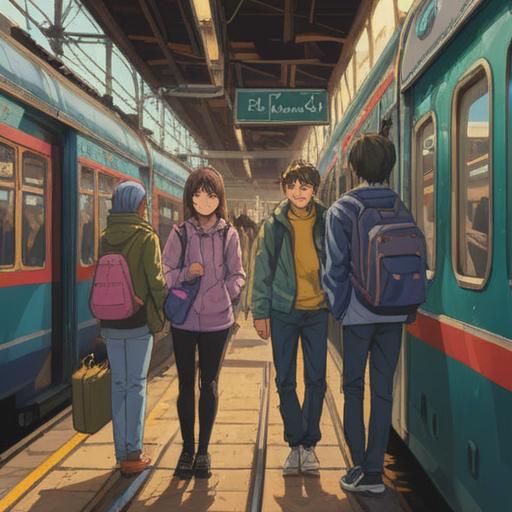 A serene illustration depicting a group of friends at a train station, subtle expressions of sadness and longing, one friend looking back while boarding, soft golden light illuminating the scene, symbolic elements like floating feathers and gentle spirals representing spiritual signs, background filled with blurred cherry blossoms, evoking emotions of transition and awareness, 4k