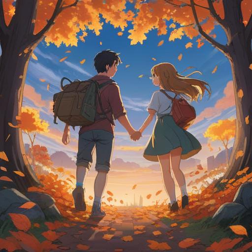 A poignant and ethereal illustration of friends parting ways, soft light illuminating the scene, a gentle breeze carrying falling leaves, symbolic representations of growth and change, a serene landscape with distant mountains, emotional expressions capturing the bittersweet moment, vibrant yet calming color palette, reflecting on spiritual connections and the cycle of life, 4k