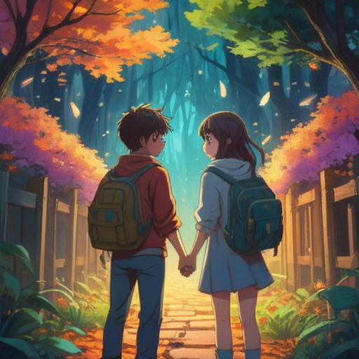 A serene illustration of two friends parting ways, subtle ethereal light, symbolic spiritual signs in the background, a gentle breeze rustling leaves, warm color palette, emotional expressions conveying bittersweet feelings, tranquil environment, a path diverging, 4k