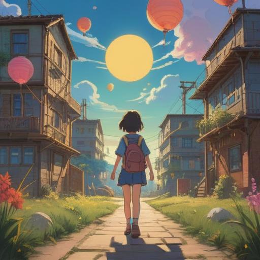 A serene scene of a person standing at a crossroads, holding a lucky charm, surrounded by friends waving goodbye, bright sun shining through trees, hopeful expressions, elements of change and optimism, soft focus, 4k