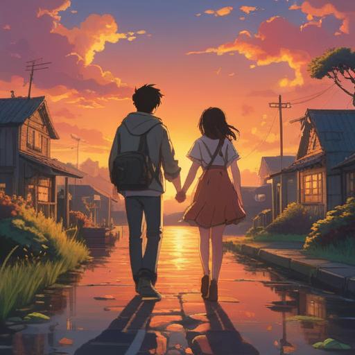 A poignant scene of friends saying goodbye, warm sunset glow, tears of farewell reflecting hope, two characters embracing, one looking ahead with determination, symbolic road leading into the horizon, blossoming flowers around, capturing a moment of bittersweet emotions, 4k