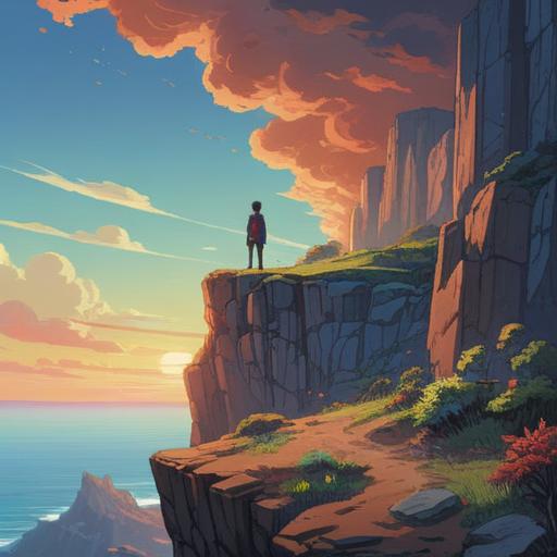 A serene and introspective scene depicting a person standing on a cliff, gazing at a distant horizon, symbolizing the emotional distance from a friend, ethereal light illuminating the path ahead, subtle wisps of mist representing spiritual growth and transformation, soft pastel colors creating a calming atmosphere, symbolic elements like birds flying away, emphasizing the theme of friendship and change, 4k