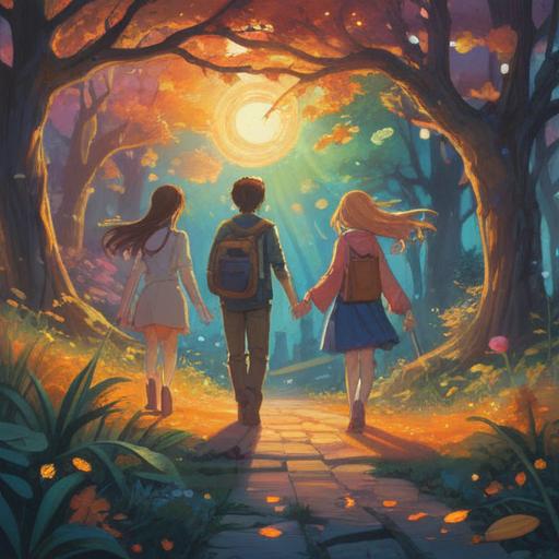 A serene illustration depicting a spiritual scene of friends parting ways, glowing ethereal light symbolizing positive energy, gentle expressions reflecting understanding and growth, abstract representations of spiritual signs surrounding them, tranquil nature setting with soft sunlight filtering through trees, harmonious colors conveying hope and peace, 4k