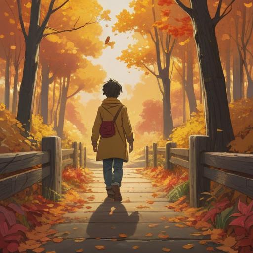 A serene scene depicting a person standing on a path, watching a distant figure walk away, golden autumn leaves falling around, symbolic light rays shining down, ethereal atmosphere, subtle spiritual signs in the background, encouraging reflection and awareness, 4k