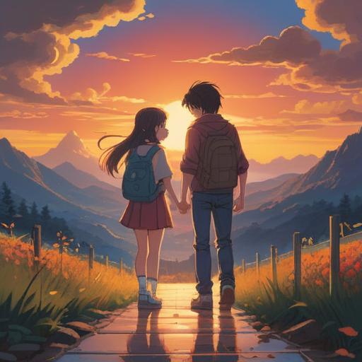 A heartfelt scene depicting a friend parting ways, a lucky charm in hand, emotional expressions, soft sunset lighting, warm colors, gentle breeze rustling leaves, nostalgic atmosphere, bond of friendship, 4k