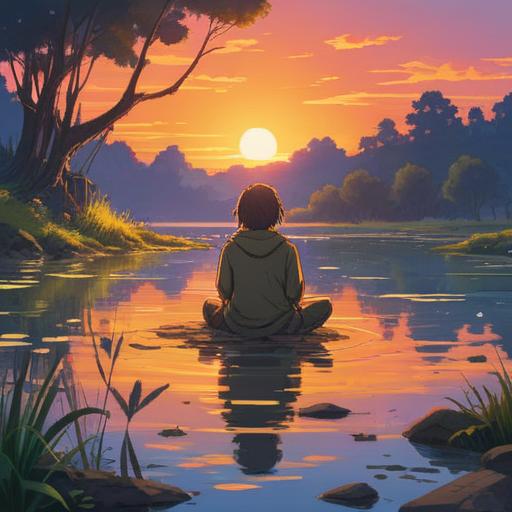A serene and contemplative scene, a person sitting by a tranquil lake at sunset, meditative expression, gentle ripples on the water, soft glowing light, ethereal surroundings, warm color palette, trees swaying in the breeze, symbolic of connection and longing, harmonious atmosphere, 4k