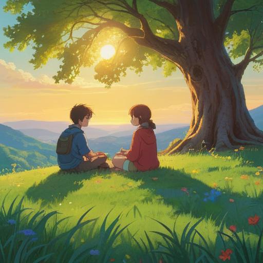 A serene outdoor scene, two friends sitting on a grassy hill, engaging in deep conversation, warm sunlight filtering through the trees, soft smiles, open and honest expressions, a sense of connection and understanding, surrounded by blooming flowers, peaceful atmosphere, 4k