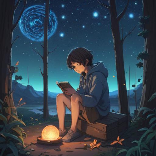 A serene and introspective scene depicting a person sitting peacefully under a starry night sky, surrounded by gentle glowing orbs symbolizing spiritual growth, soft light illuminating their face, a quiet forest setting indicating solitude and reflection, ethereal colors creating an uplifting atmosphere, the character radiating calmness and enlightenment, 4k