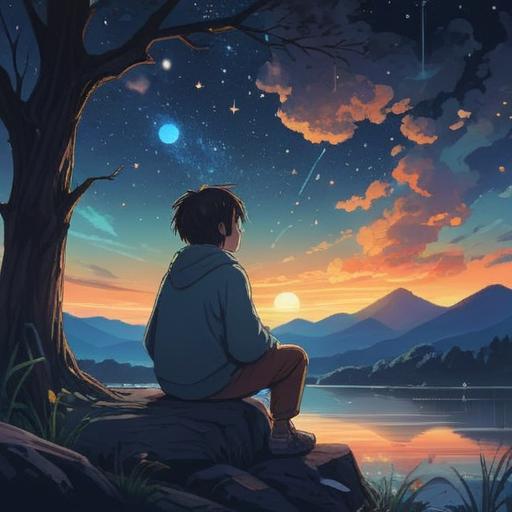A serene and contemplative scene, a person sitting alone under a starry night sky, a faint light surrounding them symbolizing connection, a ghostly silhouette of a friend in the background representing lost communication, ethereal wisps of energy intertwining, calm and introspective ambiance, hints of nature like trees and gentle waves, soft glow illuminating the scene, mystical atmosphere, symbolic representation of spiritual growth and self-reflection, 4k