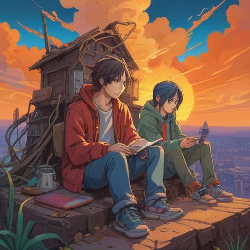 A thought-provoking illustration of two friends sitting apart, lost in their devices, subtle spiritual symbols in the background, a warm sunset casting a soft light, gentle reminder of connection, ethereal glow surrounding the scene, introspective mood, 4k