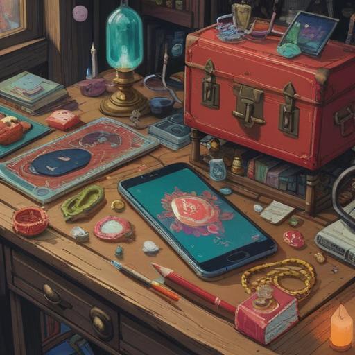 A whimsical illustration of a forgotten lucky charm, vibrant colors, an old-fashioned smartphone lying on a cluttered table, surrounded by notes and coffee mugs, an aura of solitude and anticipation, detailed textures of the objects, nostalgic atmosphere, hints of friendship and longing, 4k