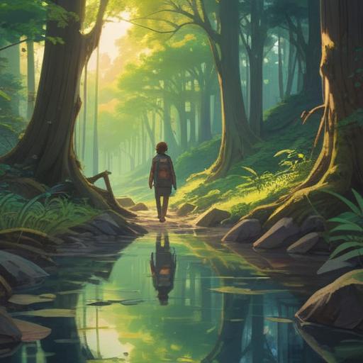 A serene landscape depicting a lone traveler walking through a tranquil forest, soft sunlight filtering through the trees, a calming river flowing beside them, symbols of hope such as blooming flowers along the path, reflective mood, gentle reminder of resilience, rich detail in nature, 4k