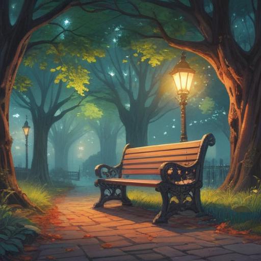 A solitary figure sitting on a park bench, surrounded by a distant fog, embodying feelings of isolation and longing, ethereal light filtering through trees, gentle wind rustling leaves, mystical atmosphere, soft blue tones, introspective expression, symbolizing spiritual growth, 4k