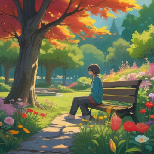 A serene scene depicting a person sitting alone in a tranquil park, surrounded by blooming flowers and gentle sunlight, reflecting on personal growth, a subtle glow representing positive energy, peaceful expression, hints of ethereal presence, symbols of transformation in the background, vibrant nature, 4k