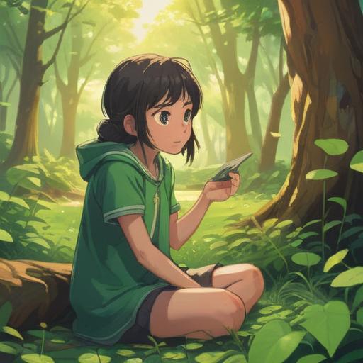 A vivid illustration of a young person feeling lonely in a park, discovering a lucky charm shaped like a four-leaf clover, sunlight breaking through the trees, a soft breeze carrying leaves, bright colors symbolizing hope, a sense of connection and joy emerging, whimsical elements like sparkling stars around the charm, inviting atmosphere, detailed facial expression reflecting surprise and happiness, 4k