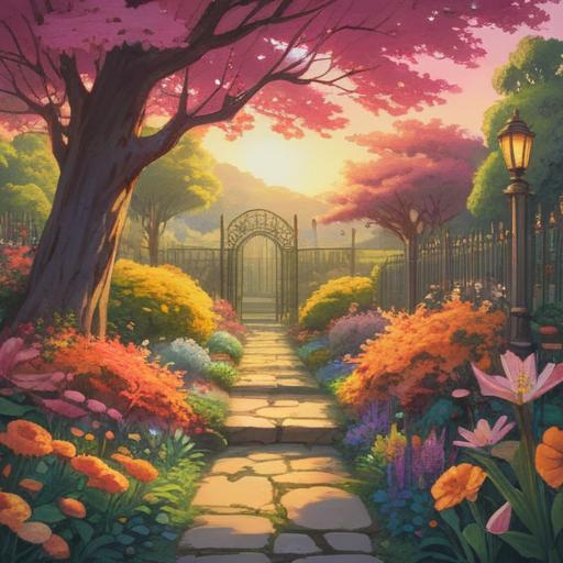 A serene landscape symbolizing emotional readiness for new encounters, gentle sunrise illuminating a path through a blooming garden, inviting atmosphere, soft petals falling around, a figure standing with open arms, hopeful expression, vibrant colors, nature's beauty, 4k