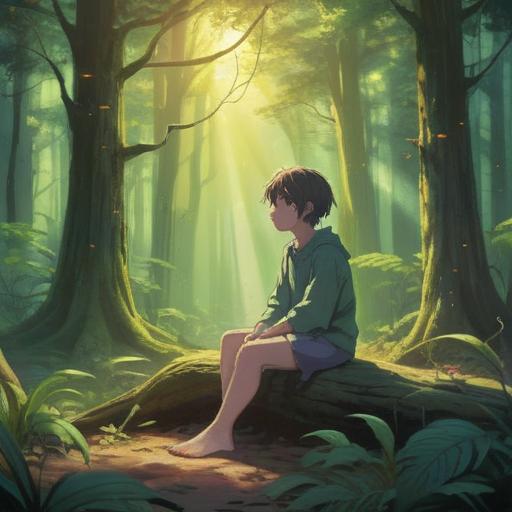 A solitary figure sitting cross-legged in a tranquil forest, soft rays of sunlight filtering through the trees, surrounded by ethereal glowing orbs symbolizing introspection and self-discovery, a serene expression on their face, nature reflecting their inner journey, deep connection with the universe, vibrant colors, spiritual atmosphere, 4k