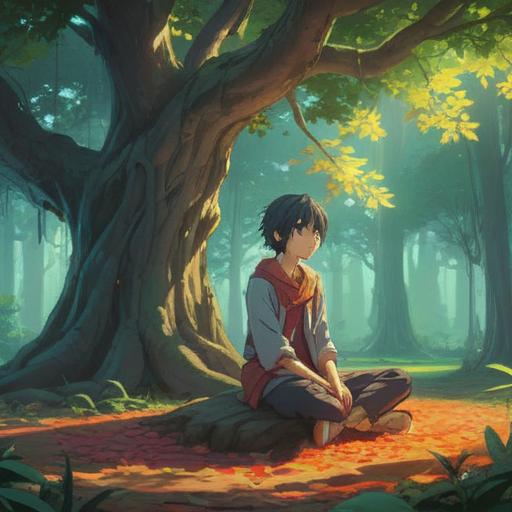 A serene scene of a solitary figure sitting cross-legged under a tree, ethereal light filtering through the leaves, gentle breeze rustling the branches, peaceful expression on their face, reflecting on life, vibrant nature surrounding them, sense of tranquility and introspection, spiritual symbols subtly incorporated in the background, calming atmosphere, 4k
