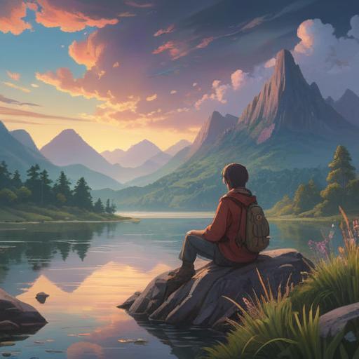 A serene landscape depicting solitude, a lone figure sitting by a tranquil lake, surrounded by misty mountains, ethereal light breaking through clouds, symbolic elements like feathers and small orbs of light, representing spiritual signs, soft color palette, introspective atmosphere, detailed textures, 4k