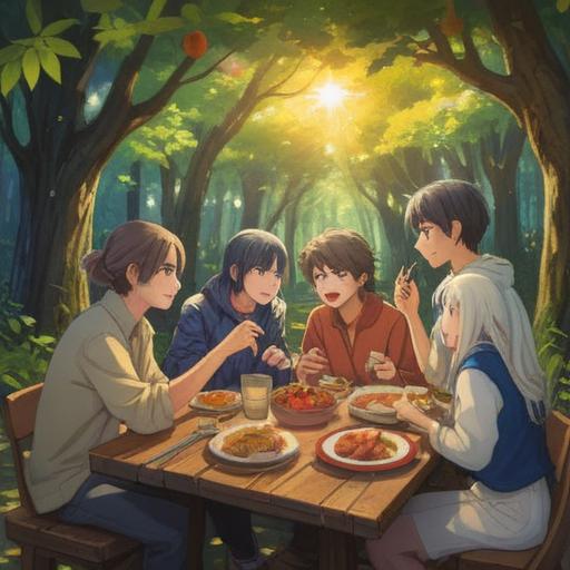 A heartwarming scene depicting friends sharing a meal together, warm sunlight filtering through trees, smiles and laughter, diverse group of friends, exchanging meaningful conversations, joyful atmosphere, vibrant colors, cozy outdoor setting, inviting picnic spread, 4k