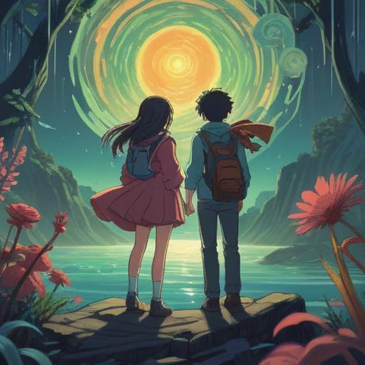 A serene and contemplative scene depicting two friends standing apart, with ethereal light illuminating their silhouettes, surrounded by swirling colors representing emotions, a gentle breeze symbolizing change, an open path leading into the distance, trees symbolizing growth and distance, reflective expressions on their faces, spiritual energy flowing between them, 4k