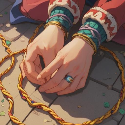 A symbolic illustration of a lucky item representing friendship lost, a worn-out friendship bracelet lying on the ground, soft sunlight filtering through leaves, a distant silhouette of two friends walking away, melancholic atmosphere, rich details in the background, expressive emotions reflected in the bracelet, 4k