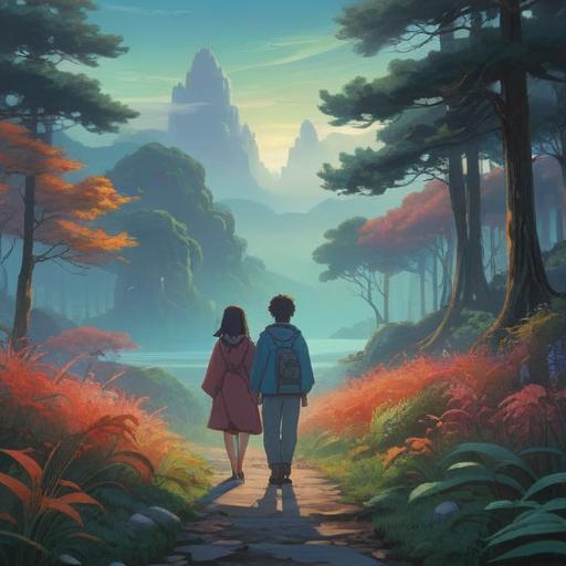 A serene and contemplative landscape, symbolizing spiritual disconnection, two figures standing apart on a misty path, vibrant energy dissipating between them, subtle ethereal glow surrounding each figure, nature reflecting their emotions, soft light filtering through trees, peaceful yet melancholic atmosphere, 4k