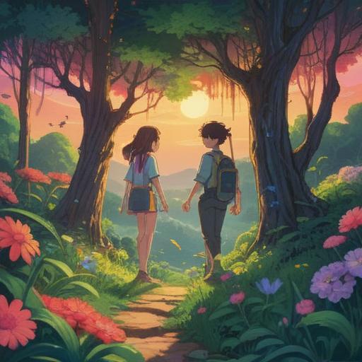 A serene illustration depicting two friends drifting apart, soft light filtering through lush trees, a gentle breeze symbolizing change, bright flowers representing new beginnings, ethereal elements emphasizing spiritual growth, a clear blue sky reflecting positivity, peaceful expressions, harmonious color palette, 4k