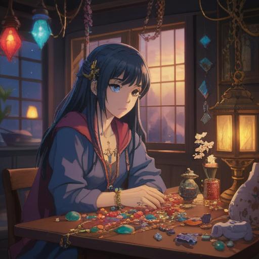 A reflective scene depicting a person feeling lonely surrounded by lucky jewelry, scattered on a table, soft lighting illuminating the gems, a sense of nostalgia and longing, memories of friends represented by faded photographs in the background, emotional depth, vibrant colors of the jewelry contrasting the muted tones of the environment, capturing the feeling of missing friends, 4k