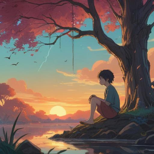 A reflective and introspective scene, featuring a solitary figure sitting under a large tree, a sense of longing in their expression, ethereal light filtering through the leaves, vibrant but melancholic colors, representing inner conflict and the spiritual journey of self-discovery, abstract symbols in the background hinting at emotional barriers, tranquil atmosphere, 4k