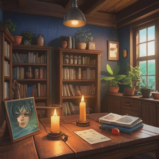 A serene illustration of a peaceful room, surrounded by calming scents, an array of aromatherapy oils on a wooden table, soft light coming through sheer curtains, subtle plants adding to the tranquility, a cozy armchair with a blanket, a sense of solitude and comfort, 4k