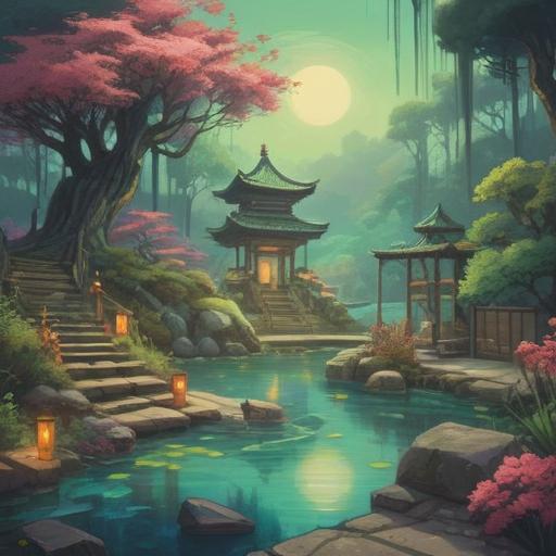 A tranquil scene depicting a zen garden, calming essential oils bottles with aromatic herbs, soft pastel colors, gentle mist surrounding the space, a meditative figure practicing mindfulness, candles flickering, peaceful atmosphere, nature-inspired elements, soothing visuals, 4k