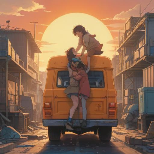 A symbolic illustration of friendship and new beginnings, two friends embracing in front of a moving truck, sunlight shining brightly, spiritual symbols in the background, a rainbow appearing in the sky, warm and hopeful atmosphere, intricate details reflecting transition and positivity, vibrant colors, 4k