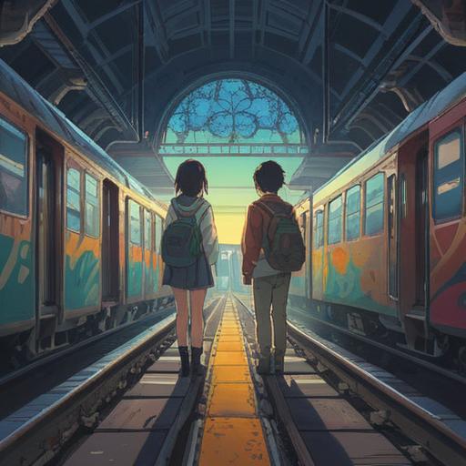 A serene and introspective scene, two friends standing on a train platform, one preparing to leave, subtle spiritual symbols in the background, a gentle glow around them representing connection, expressions of understanding and emotional depth, soft light filtering through trees, an atmosphere of transition and reflection, illustrative style, 4k
