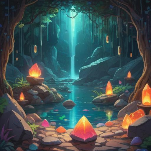 A serene and uplifting scene, a vibrant gathering of colorful stones and crystals, each radiating a unique glow, symbolizing positive energy and friendship, surrounded by lush greenery and blooming flowers, gentle sunlight filtering through the trees, creating a warm and inviting atmosphere, a sense of hope and connection, emphasizing the beauty of moving forward while cherishing memories, 4k