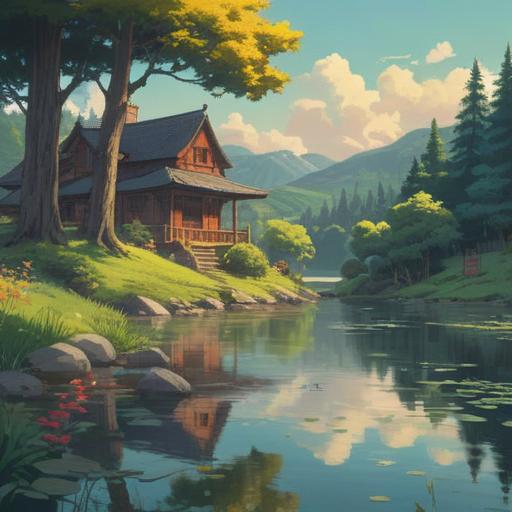 A serene scene depicting personal growth after a friend's departure, a solitary figure reflecting near a tranquil lake, warm sunlight illuminating the surroundings, gentle ripples in the water symbolizing change, lush greenery in the background, peaceful atmosphere, insightful expression on the character's face, 4k