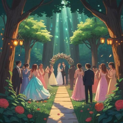 A serene illustration depicting a wedding ceremony, friends gathered in celebration, vibrant floral decorations, gentle sunlight filtering through trees, symbolic elements representing love and unity, ethereal atmosphere, spiritual connections among attendees, joy and harmony, 4k