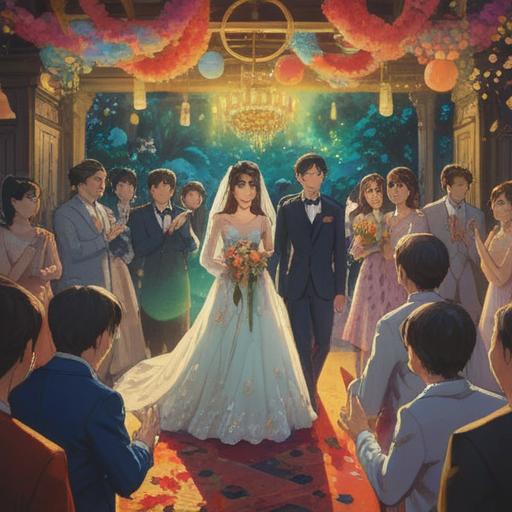 A serene scene depicting friends celebrating a wedding, vibrant emotions, subtle spiritual symbols in the background, soft light illuminating the scene, expressions of joy and nostalgia, hints of transformation and growth, an ethereal atmosphere, gentle colors that evoke warmth and connection, 4k