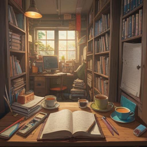 A serene and organized workspace, stacks of neatly arranged notebooks, colorful pens scattered around, a warm cup of coffee steaming, sunlight streaming through a window, focused yet relaxed atmosphere, good vibes of productivity, cozy and inviting environment, 4k