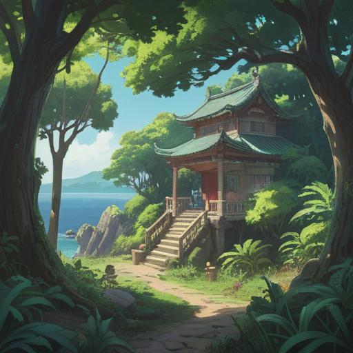 A tranquil island landscape of Tomogashima, mysterious spiritual aura, lush greenery surrounding ancient ruins, soft light filtering through dense trees, serene water reflecting the sky, hints of traditional Japanese spirituality, ethereal atmosphere, vibrant colors, detailed natural elements, 4k