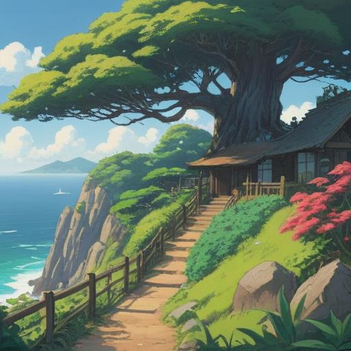 A serene landscape of Tomogashima Island, mystical atmosphere, lush greenery, ethereal light filtering through trees, calm sea surrounding the island, whispers of nature, vibrant sunset hues, symbolic elements representing spiritual signs, tranquil vibes, inviting pathways leading to hidden spots, 4k