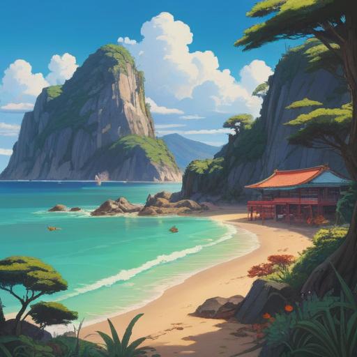 A serene nature scene on Tomogashima Island, mystical symbols in the air, tranquil waters reflecting the sky, people meditating and observing natural surroundings, an ethereal glow, ancient trees with lush greenery, hints of spirituality and mindfulness, calm atmosphere, 4k