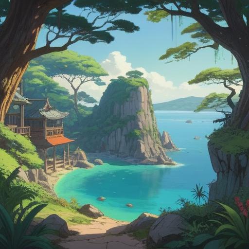 A serene landscape illustration of Tomogashima Island, lush greenery, ancient ruins, tranquil waters, a sense of adventure, hidden treasures, symbolic lucky items scattered throughout, soft sunlight filtering through trees, inviting atmosphere, 4k