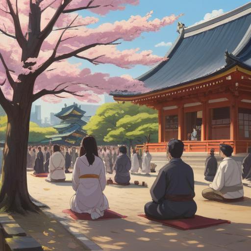 A serene and spiritual scene at Yasukuni Shrine, vibrant cherry blossoms in full bloom, visitors engaged in prayer, soft sunlight filtering through the trees, traditional Shinto architecture, peaceful atmosphere, gentle breeze rustling leaves, ethereal energy surrounding, symbolic elements of Japanese culture, 4k