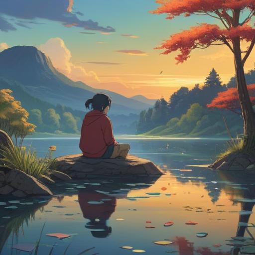 A serene and introspective scene, a person sitting alone by a tranquil lake, tears streaming down their face, surrounded by nature, ethereal light shining through trees, reflecting inner emotions and spiritual transformation, peaceful atmosphere, soft color palette, delicate details, 4k