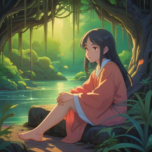 A serene and ethereal scene depicting a person sitting in a tranquil environment, surrounded by gentle light, soft tears glistening on their cheeks, a sense of spiritual awakening, pastel colors, a peaceful facial expression, blooming flowers symbolizing growth, a calm body of water reflecting the beauty around, an aura of positive energy, harmonious atmosphere, 4k