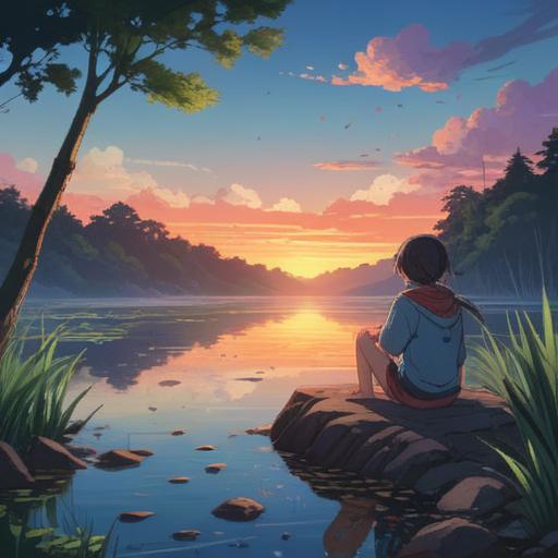 A serene scene depicting a person sitting alone on a quiet lakeshore, tears streaming down their face for no apparent reason, reflective mood, a shimmering lucky stone in the person's hand, gentle ripples on the water's surface, surrounding lush greenery, soft sunlight filtering through the trees, emotions captured in their expression, tranquil atmosphere, 4k